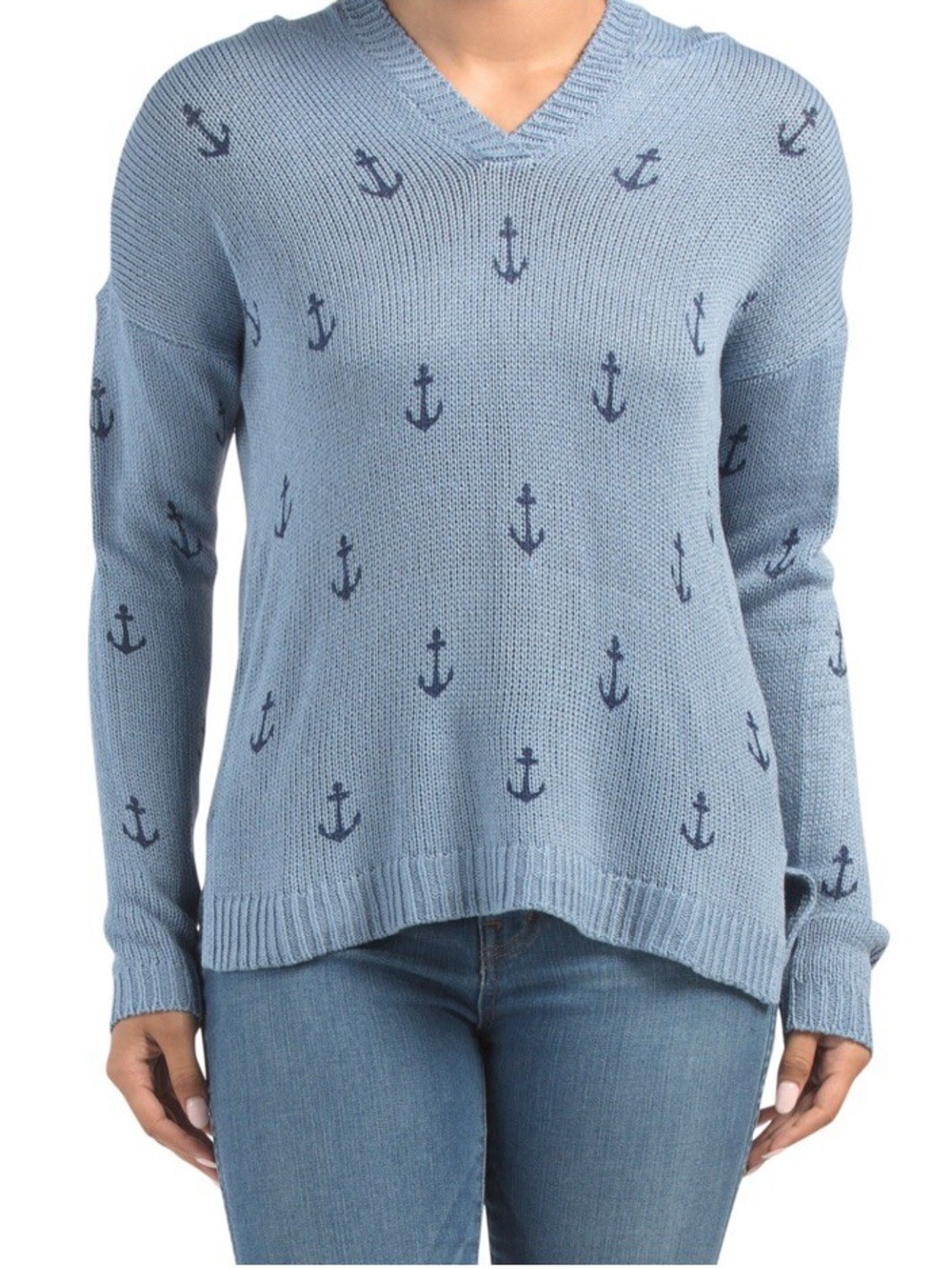 MARLED Women Nautical Blue w/Navy Anchors Pullover Hooded Long Sleeve Sweater